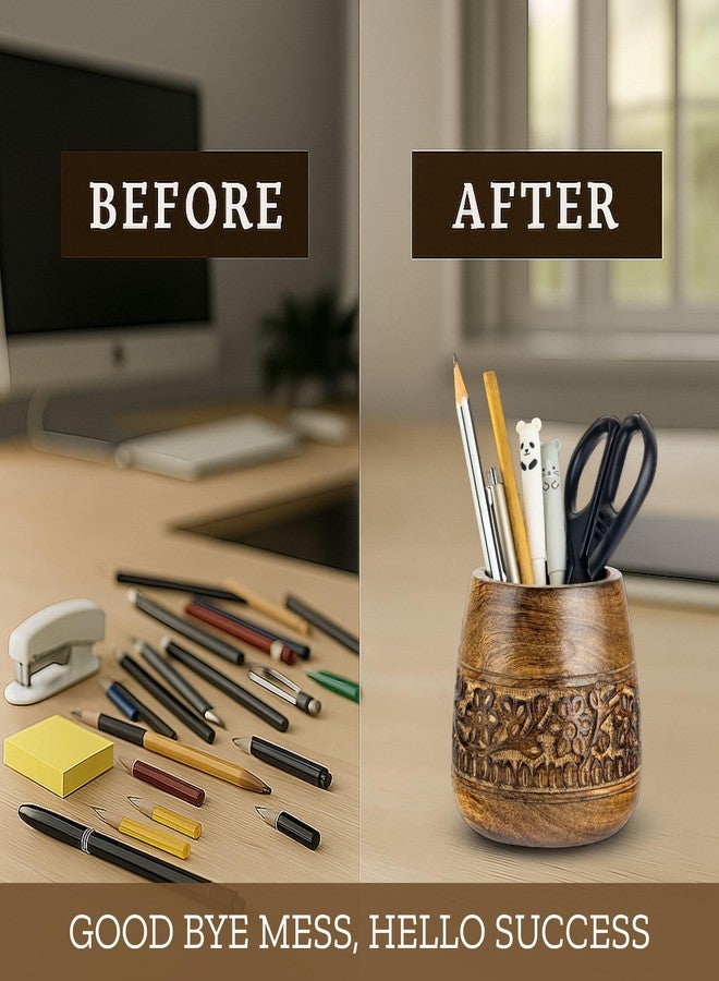 Mie Creations Designer Pencil Holder for Desk Wood | Wooden Pen Stand, Paintbrush Cup, Desk Accessories, Cute Make Up Brush Organizers | Office Desktop Stationery, Christmas Holidays Gift- 4'' Brown - Image 3