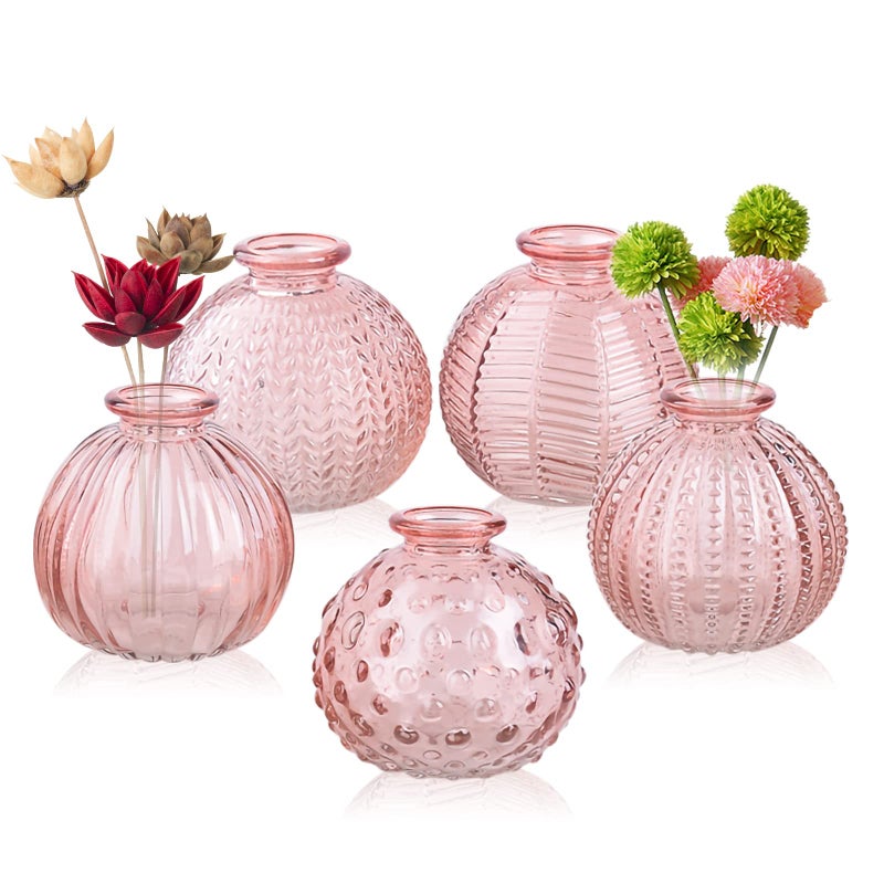 ELEGANTTIME Single Glass Bud Vase Pink Glass Vases for Centerpieces Decor Glass Flower Vase Bottle with Crok Wire Iron Handle Design for Cafes Office Table Home and Garden