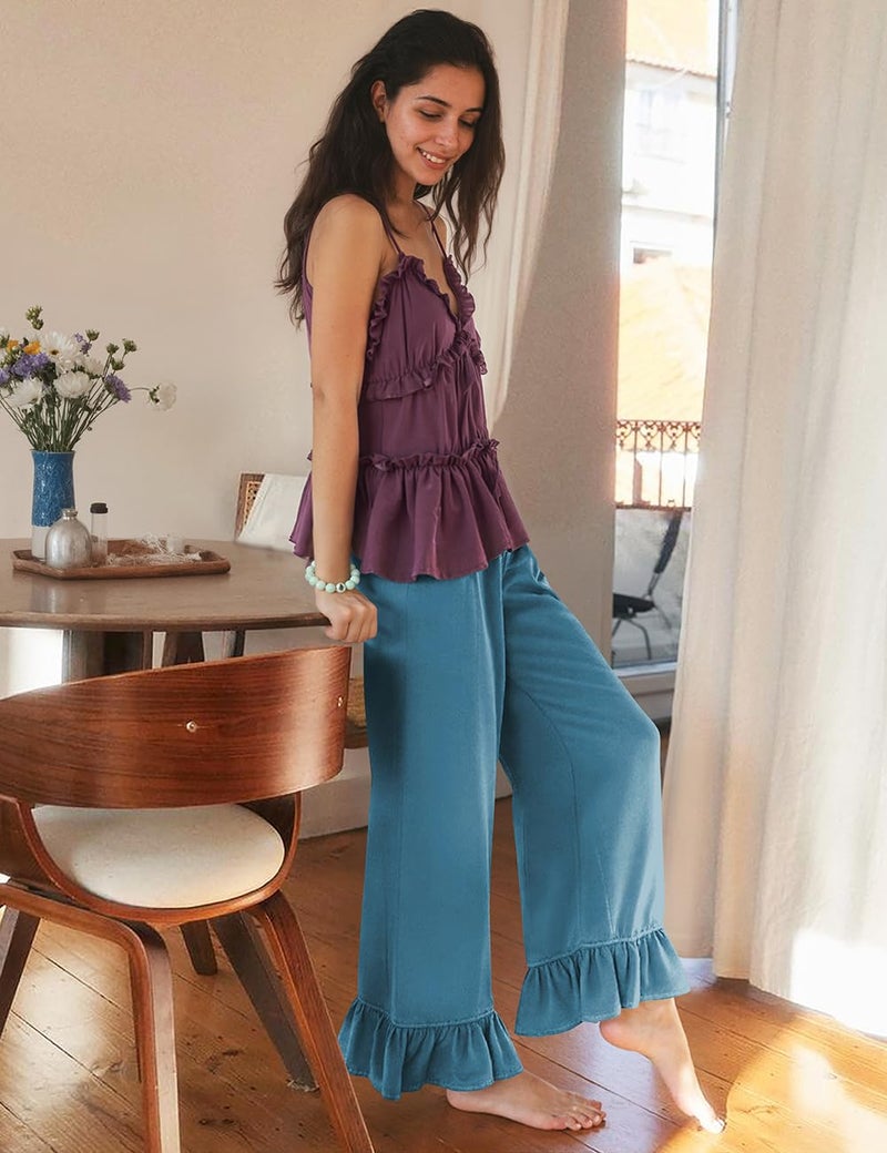 TARSE Womenâ€™s Wide Leg Linen Pants with Drawstring Waist and Ruffle Hem Casual Loose Fit Trousers for Daily Wear(Lakeblue,L) - Image 3