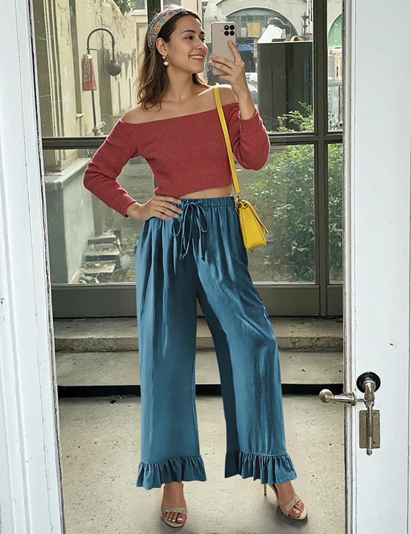 TARSE Womenâ€™s Wide Leg Linen Pants with Drawstring Waist and Ruffle Hem Casual Loose Fit Trousers for Daily Wear(Lakeblue,L) - Image 2