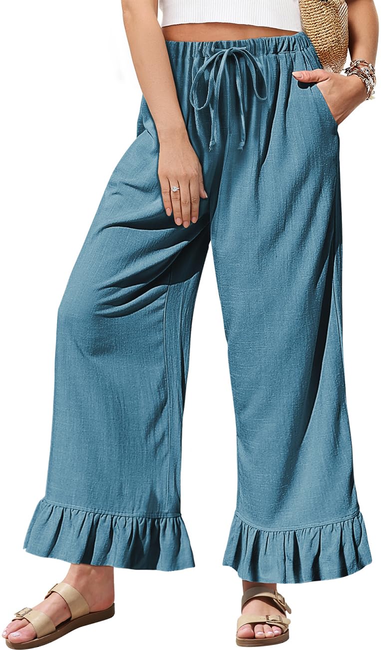 TARSE Womenâ€™s Wide Leg Linen Pants with Drawstring Waist and Ruffle Hem Casual Loose Fit Trousers for Daily Wear(Lakeblue,L) - Image 1