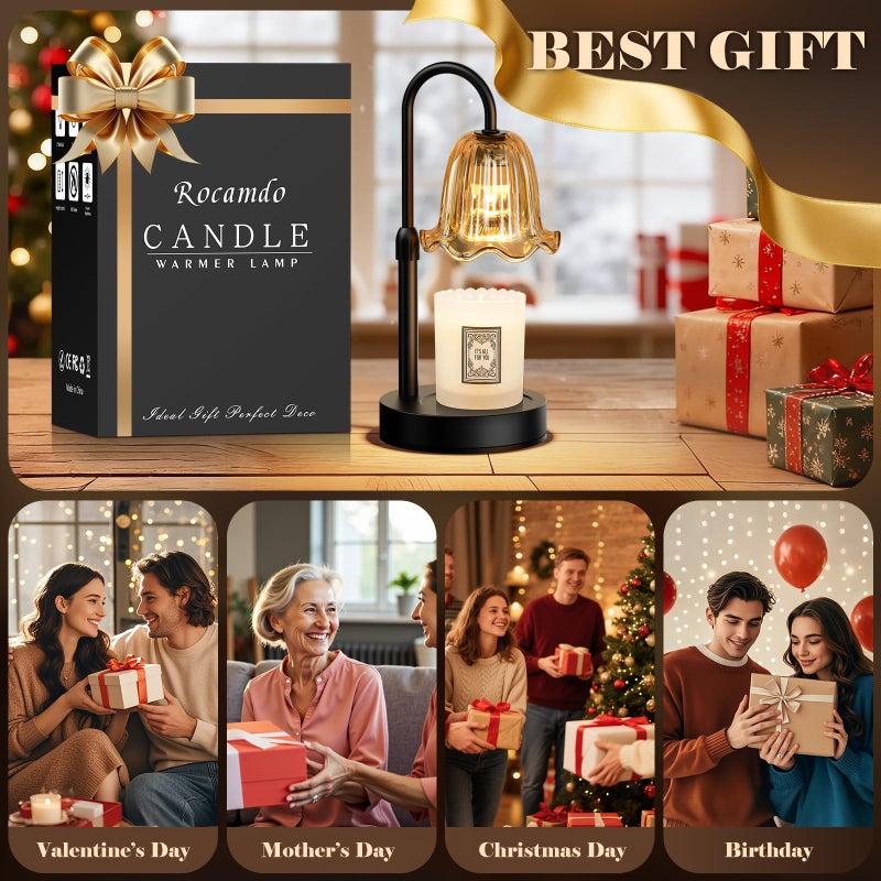 Rocamdo Candle Warmer Lamp with Timer, Birthday for Women Mom, House Warming Gifts Modern Farmhouse Home Decor, Dimmable Wax Melt Warmer for Jar Candles with 2 Bulbs (Amber) - Image 2