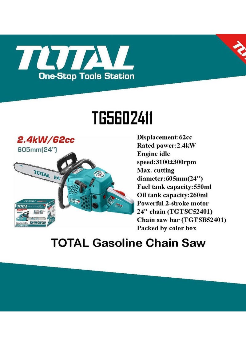 TOTAL - Total Gasoline-Powered Chainsaw 62cc 2.4kW 24" | High-Performance 2-Stroke Motor for Efficient Cutting, Easy Start, Low Vibration, and Safety Features | TG5602411 - Image 1