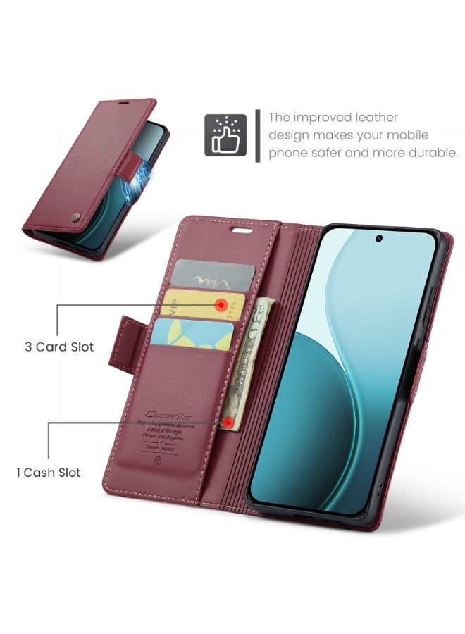 CaseMe Phone Case Luxury PU Leather Design Anti Fingerprint 023 Flip Cover Card Slot Holder Cover For Oppo Reno 14F  (Red) - Image 3