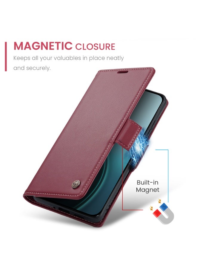 CaseMe Phone Case Luxury PU Leather Design Anti Fingerprint 023 Flip Cover Card Slot Holder Cover For Oppo Reno 14F  (Red) - Image 2