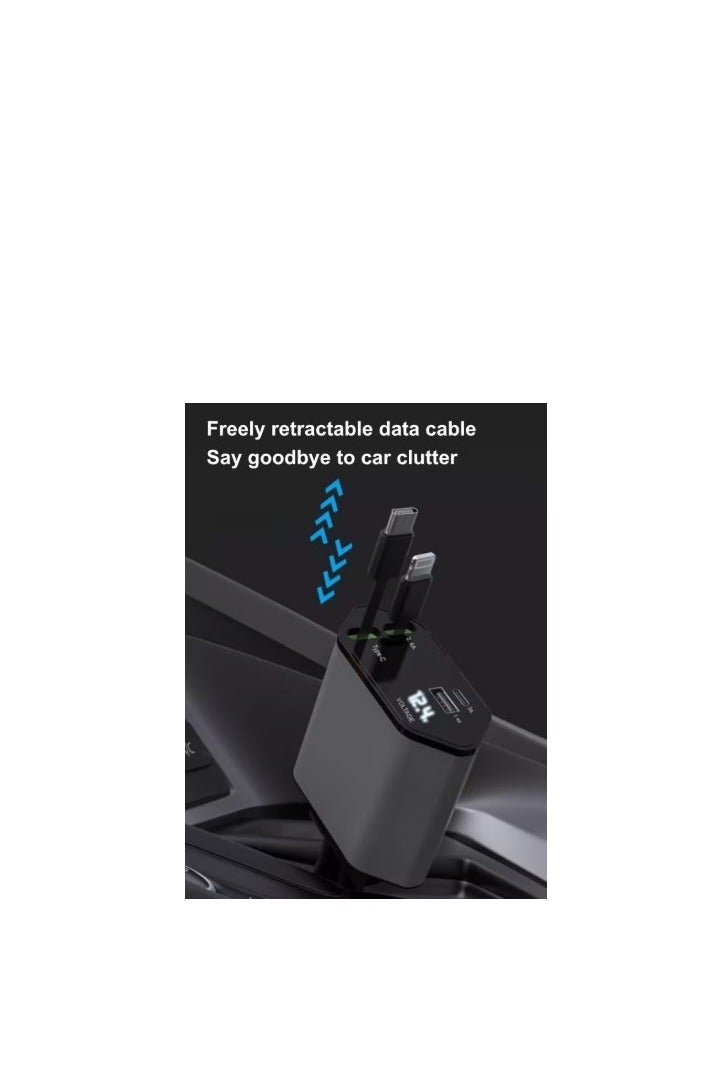 كازي ستور شاحن سيارة مع كابل مزدوج قابل للسحب، ومحول شحن سريع بمنفذين USB C PD، ومحول ولاعة سجائر السيارة مع شاشة عرض الجهد - Image 4