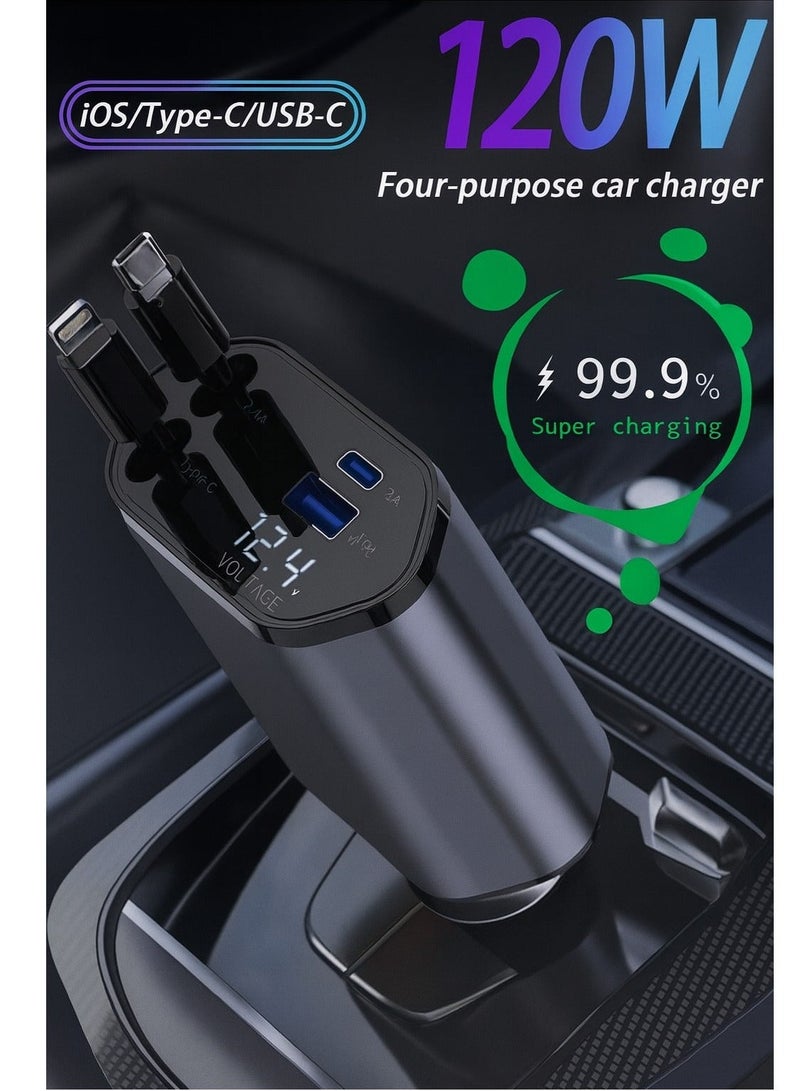 كازي ستور شاحن سيارة مع كابل مزدوج قابل للسحب، ومحول شحن سريع بمنفذين USB C PD، ومحول ولاعة سجائر السيارة مع شاشة عرض الجهد - Image 1