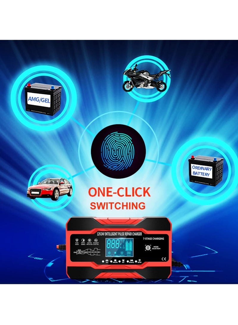 SYOSI SYOSI Car Battery Charger, 10A 12V/5A 24V Battery Charger, Portable Automatic Battery Charger Maintainer with LCD Screen, 7-stage Pulse Repair Charger for Car, Truck, Lawn, Motorcycle, Mower, Boat - Image 2