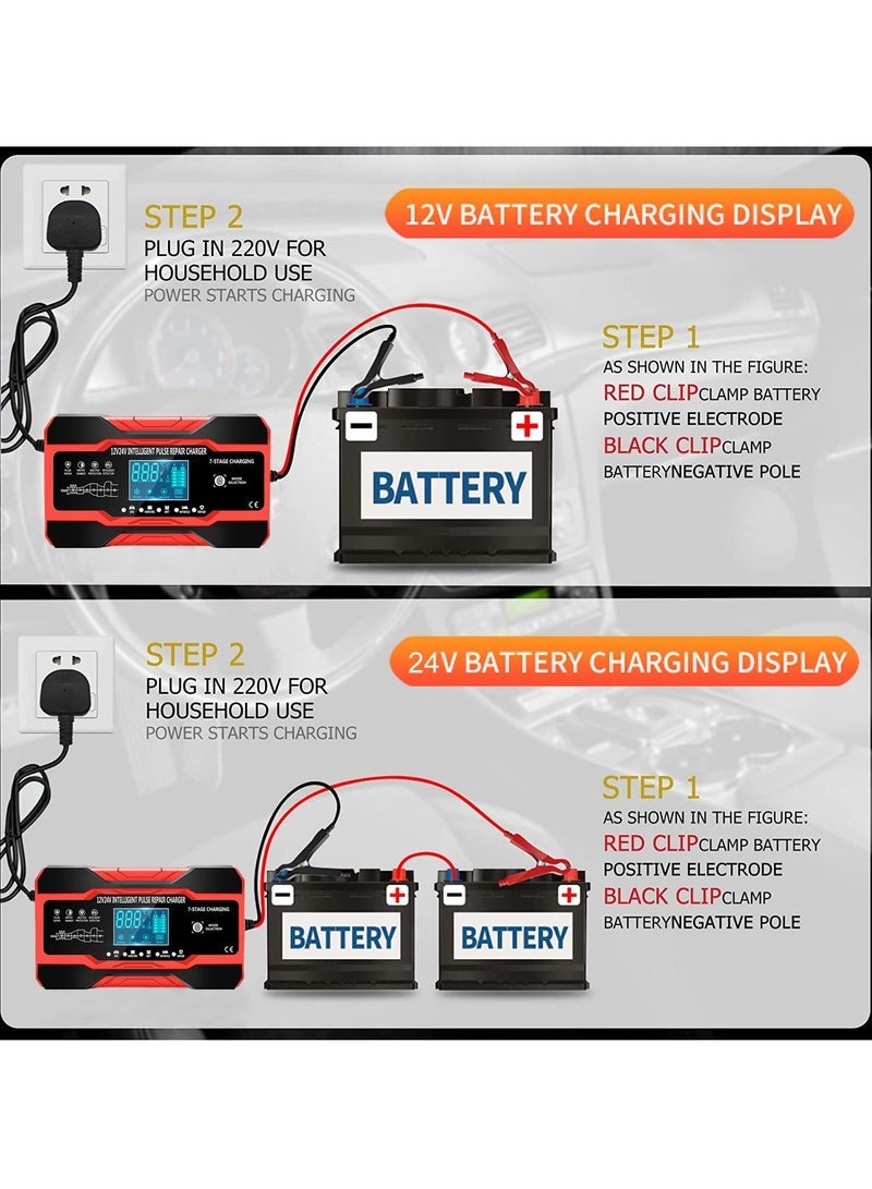 SYOSI SYOSI Car Battery Charger, 10A 12V/5A 24V Battery Charger, Portable Automatic Battery Charger Maintainer with LCD Screen, 7-stage Pulse Repair Charger for Car, Truck, Lawn, Motorcycle, Mower, Boat - Image 4