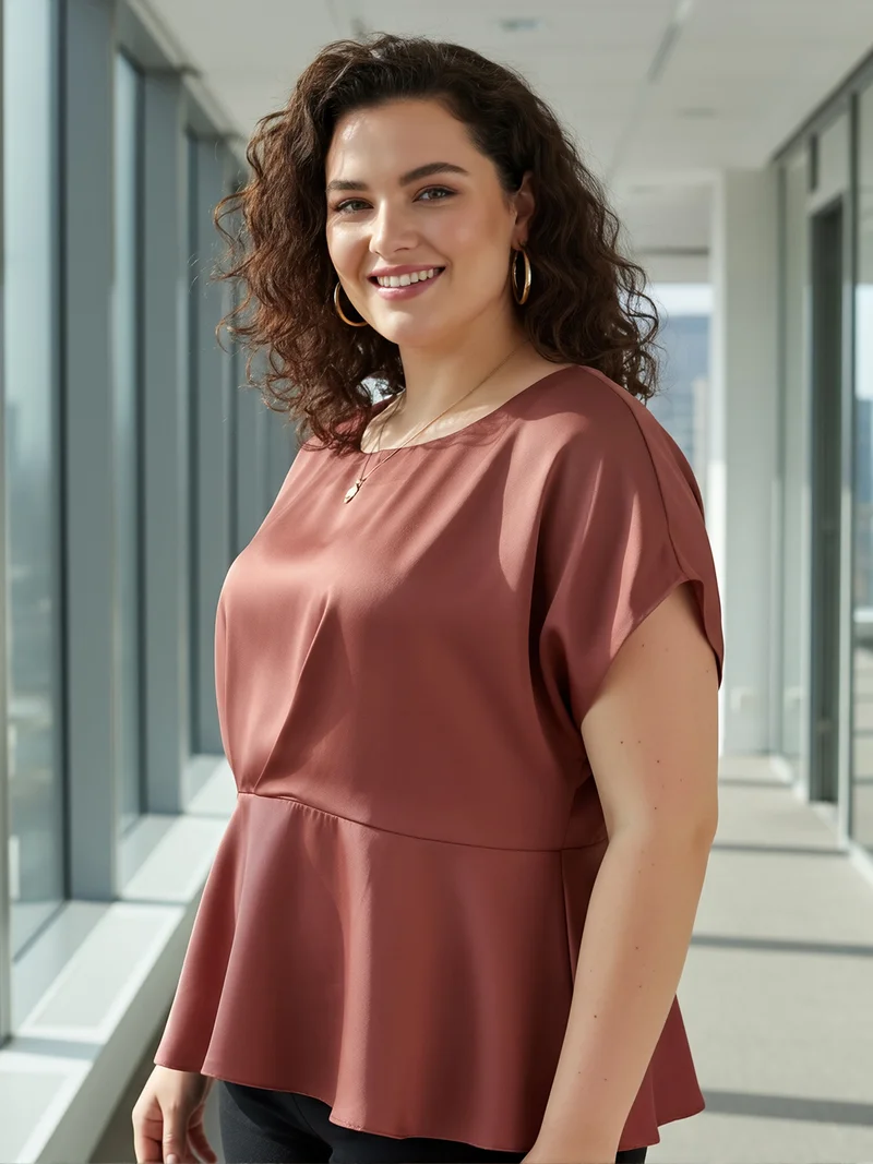 globus Globus Gloplus Women Pink Round Neck Extended Sleeves Satin Plus Size Workwear Peplum Top