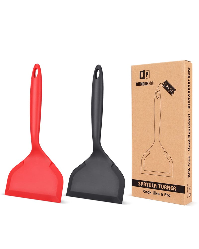 BundlePro Pack of 2 Wide Silicone Spatula Nonstick Pancake Shovel with Short Handle  Fried Flexible Turner  BPA Free Kitchen Cookwares for Egg  Cookie  Omelette  Fish  Burgers  - Image 1