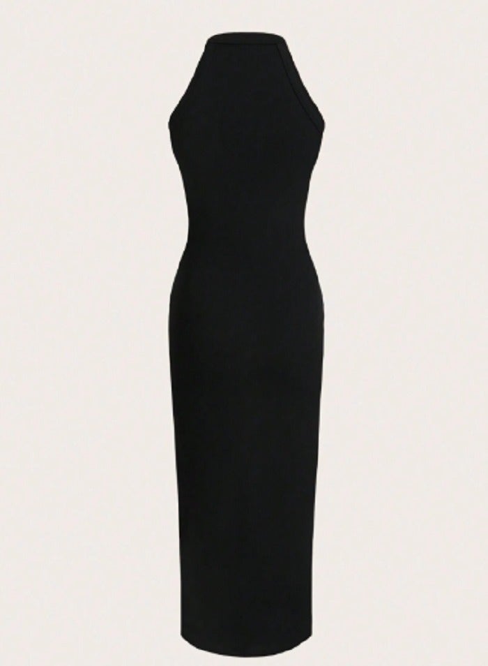 Shein SHEIN Raffinéa Sleeveless Button Cutout Round Neck Black Bodycon Slit Long Tight Club Dress, Casual Style Maxi Women Outfit  - Image 3