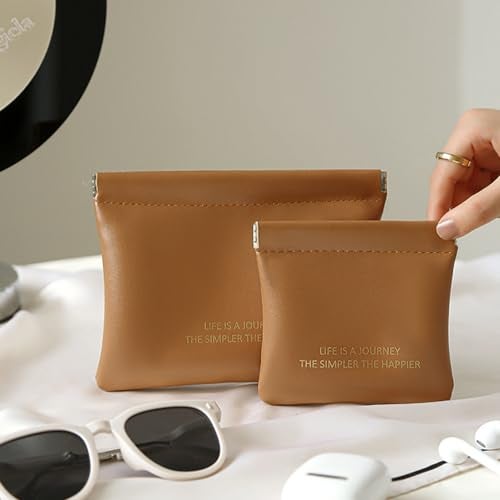 LETGO 2 Pcs Mini Makeup Bag for Purse, Small Pocket Makeup Bag Pouch Set Cute Cosmetic Travel Bag Waterproof Leather No Zipper Self-Closing Portable Travel Toiletry Bag for Women Girls (Two Brown) - Image 3