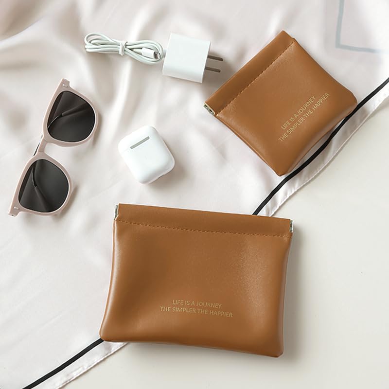 LETGO 2 Pcs Mini Makeup Bag for Purse, Small Pocket Makeup Bag Pouch Set Cute Cosmetic Travel Bag Waterproof Leather No Zipper Self-Closing Portable Travel Toiletry Bag for Women Girls (Two Brown) - Image 2