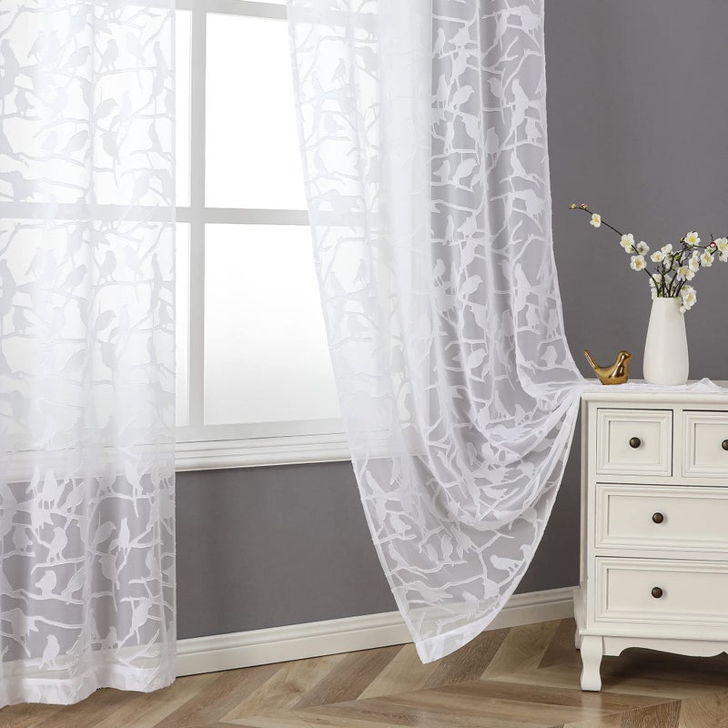 Ovzme Textured White Sheer Curtains 84 Inch Length 2 Panels Set For Living Room Anji Bird Semi Voile Balance Privacy & Light Rod Pocket Elegant Jacquard Sheer Curtain For Bedroom Yard Patio 38Wx84L - Image 1