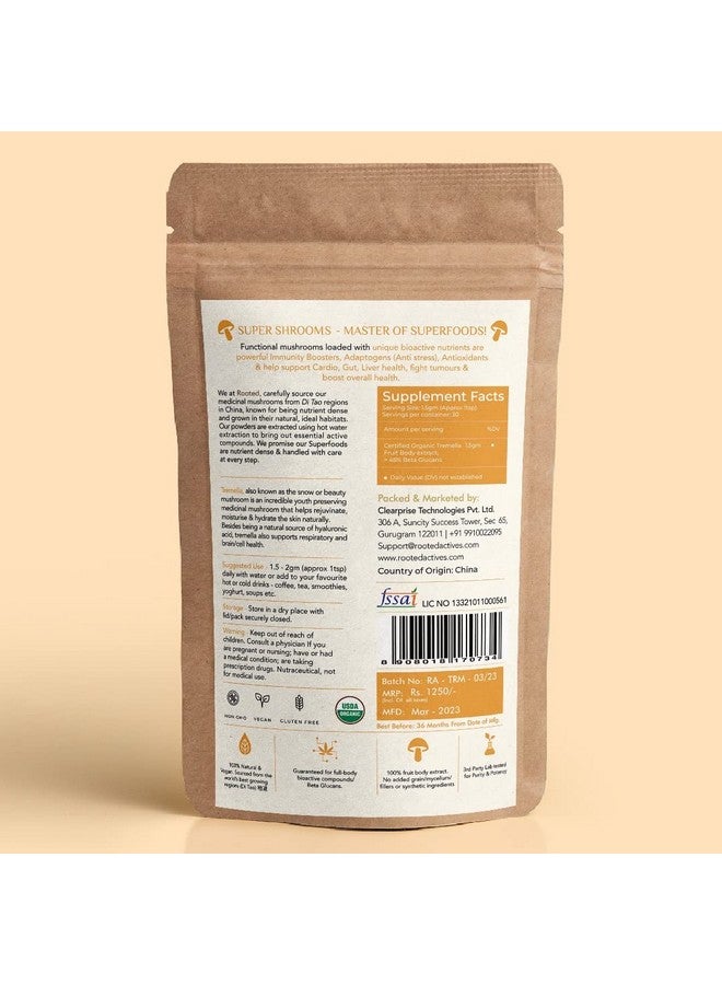 Rooted Actives Tremella Mushroom Extract (45 g) |Beauty, Skin Glow, Collagen booster, Hyalyronic acid, Hydration| USDA Organic, 45% Beta Glucans - Image 2