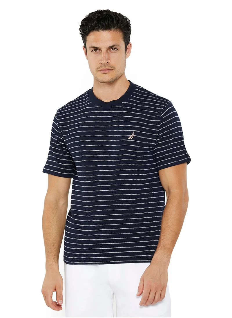 NAUTICA Men's Navy Striped Round Neck T-Shirt - Soft Cotton Knit For Trendy, Comfortable Everyday Look