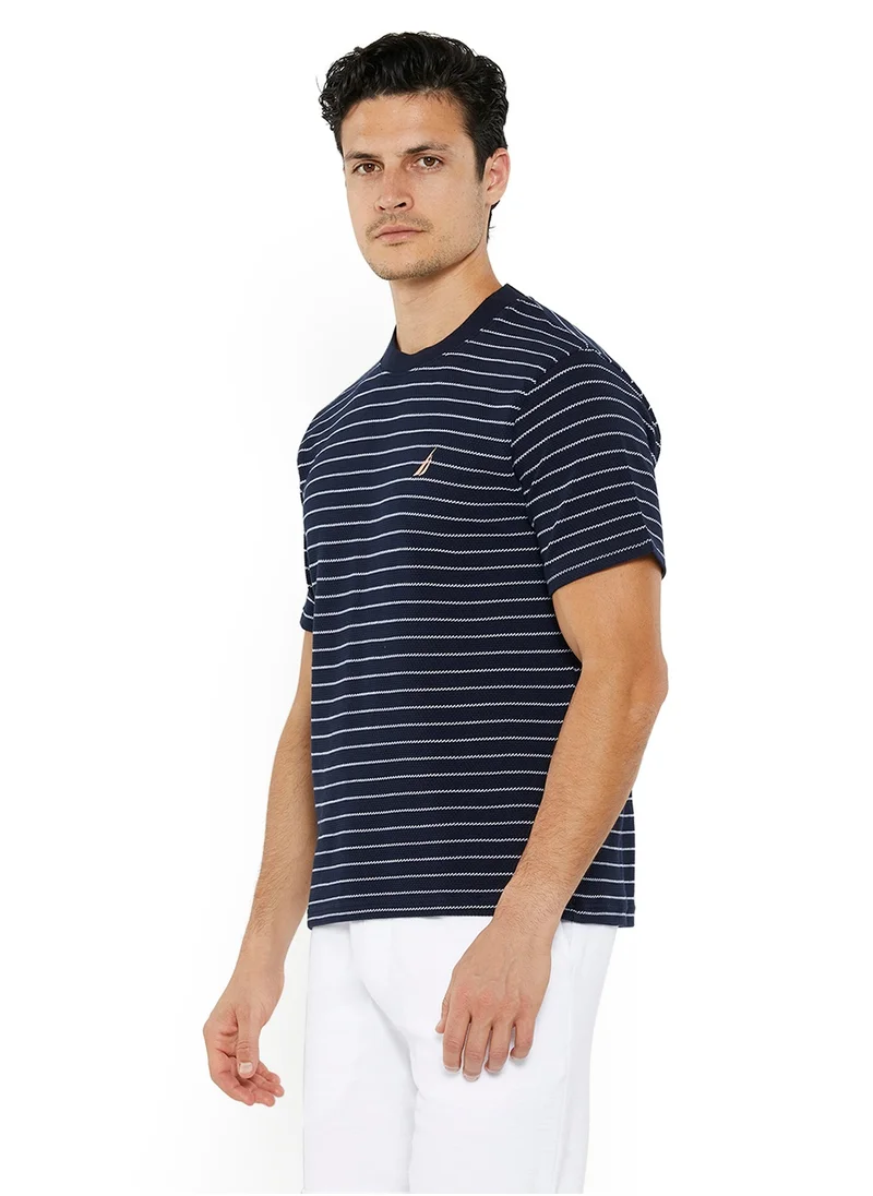 NAUTICA Men's Navy Striped Round Neck T-Shirt - Soft Cotton Knit For Trendy, Comfortable Everyday Look