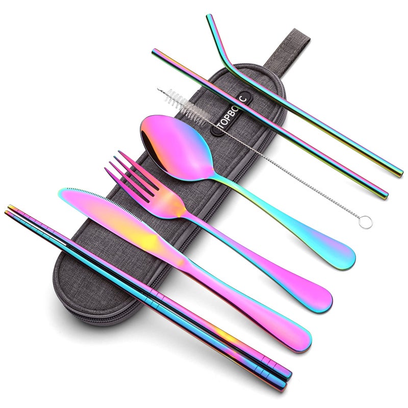 Portable Stainless Steel Flatware Set Travel Camping Cutlery Set Portable Utensil Travel Silverware Dinnerware Set with a Waterproof Case Rainbow