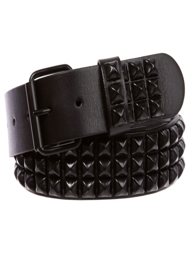 Beltiscool Three Row of Punk Rock Star Metal Black Studded Leather Belt, 46" - Image 1