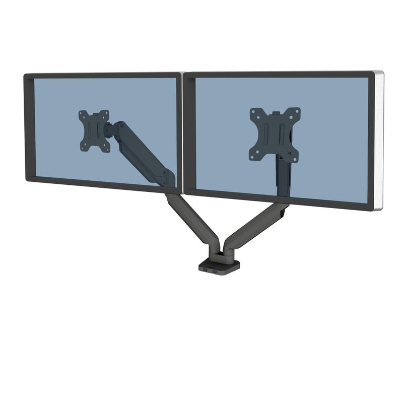 Fellowes Platinum Series Dual Monitor Arm for 40Inch Monitors Full Motion 360 Rotation VESA Mount with Grommet or Clamp USB Ports Ergonomic Black 8042501