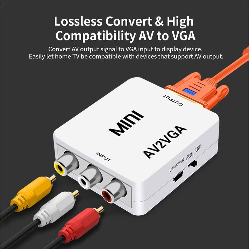 CARE CASE ® AV to VGA Adapter 1080P HD Mini VGA Converter, RCA to VGA HD Video Converter with 3.5mm Audio Jack for PC/Laptops/STB/Computer (White) - Image 2