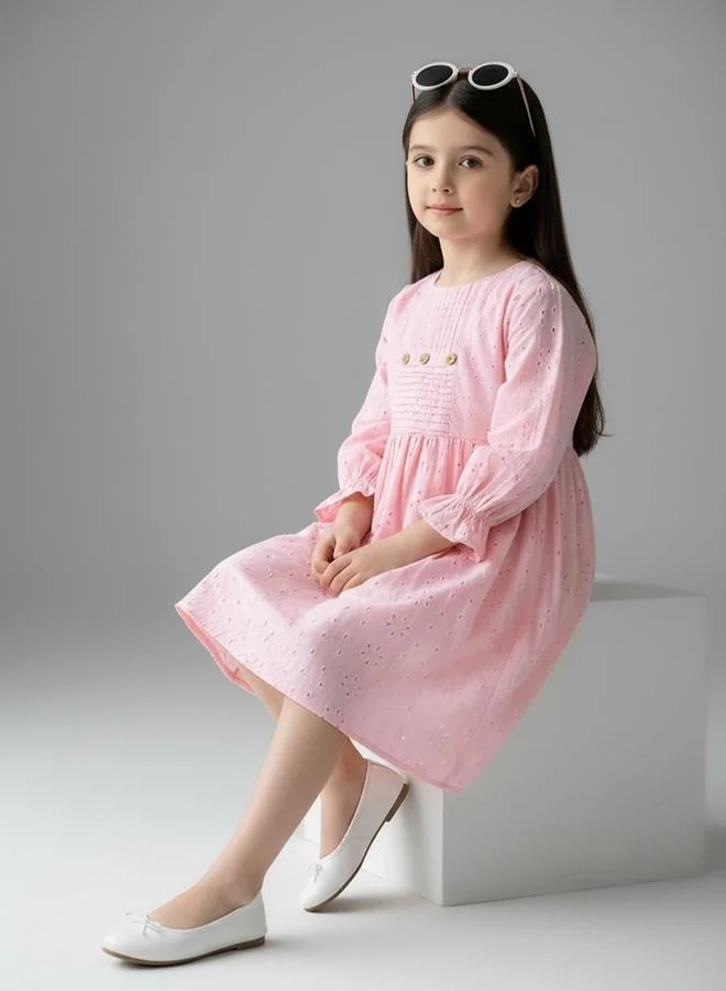 Bella Moda Schifli Cutwork Dress with Pleated Yoke and Puff Sleeves