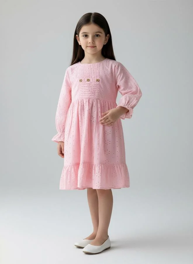 Bella Moda Schifli Cutwork Dress with Pleated Yoke and Puff Sleeves