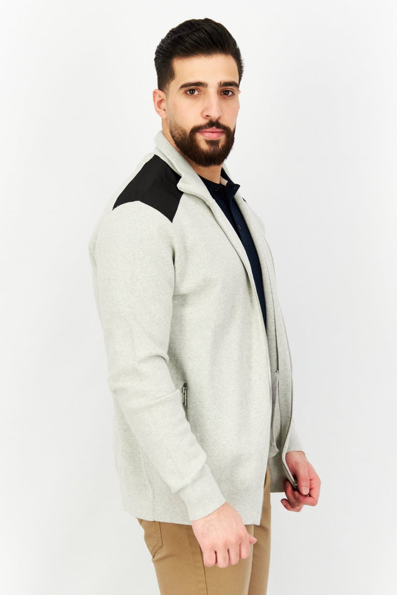 Celio Men Mock Neck Textured Long Sleeves Sweatshirt, Light Grey/Black - Image 3