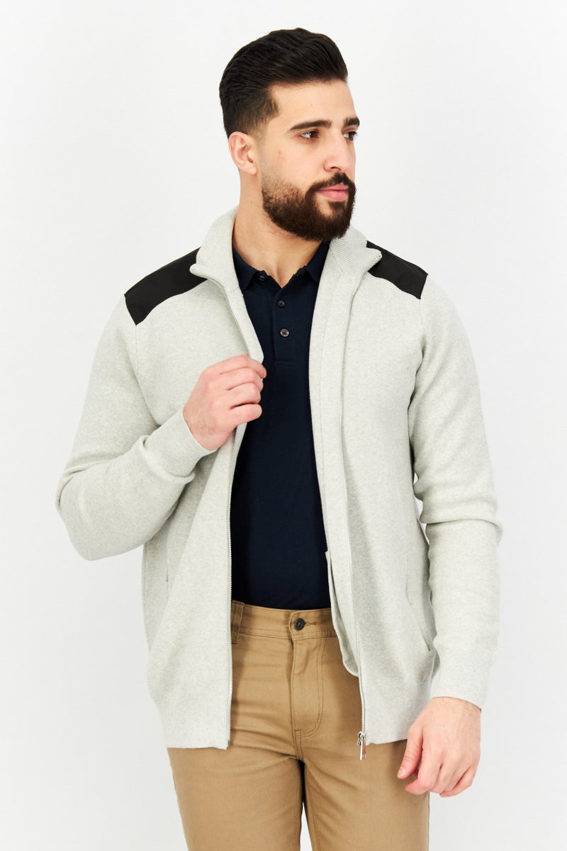 Celio Men Mock Neck Textured Long Sleeves Sweatshirt, Light Grey/Black - Image 1