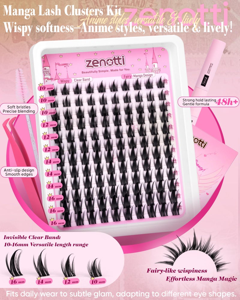 zenotti Manga Lash Clusters Kit Anime Lashes Cluster Kit Natural Wispy Eyelash Clusters Kit Spiky Fairy Individual Lashes Cluster with Spikes Invisible Clear Band DIY at Home 10-16MM by zenotti - Image 4