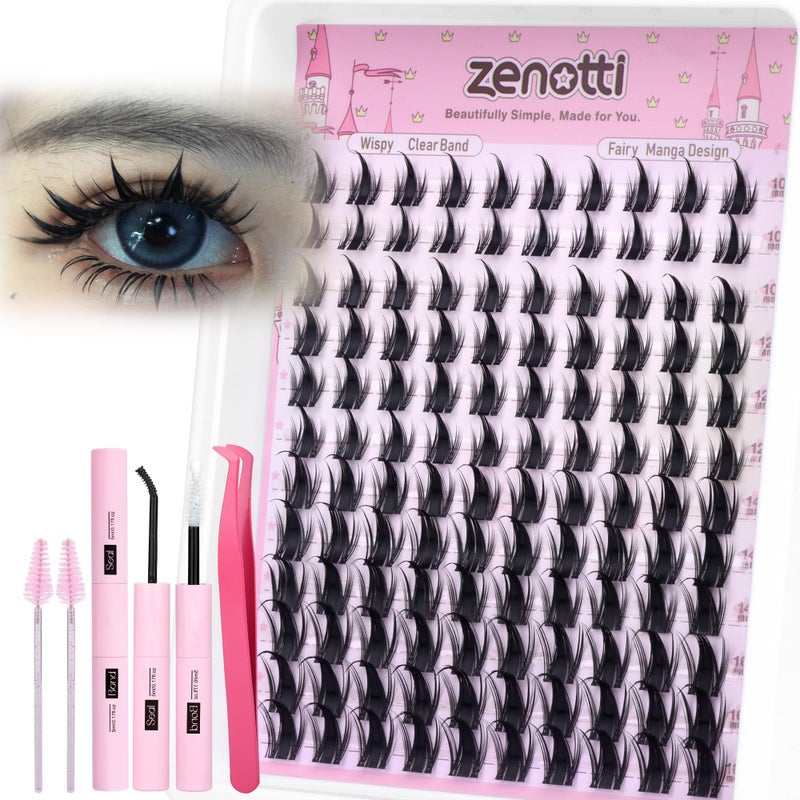 zenotti Manga Lash Clusters Kit Anime Lashes Cluster Kit Natural Wispy Eyelash Clusters Kit Spiky Fairy Individual Lashes Cluster with Spikes Invisible Clear Band DIY at Home 10-16MM by zenotti - Image 1