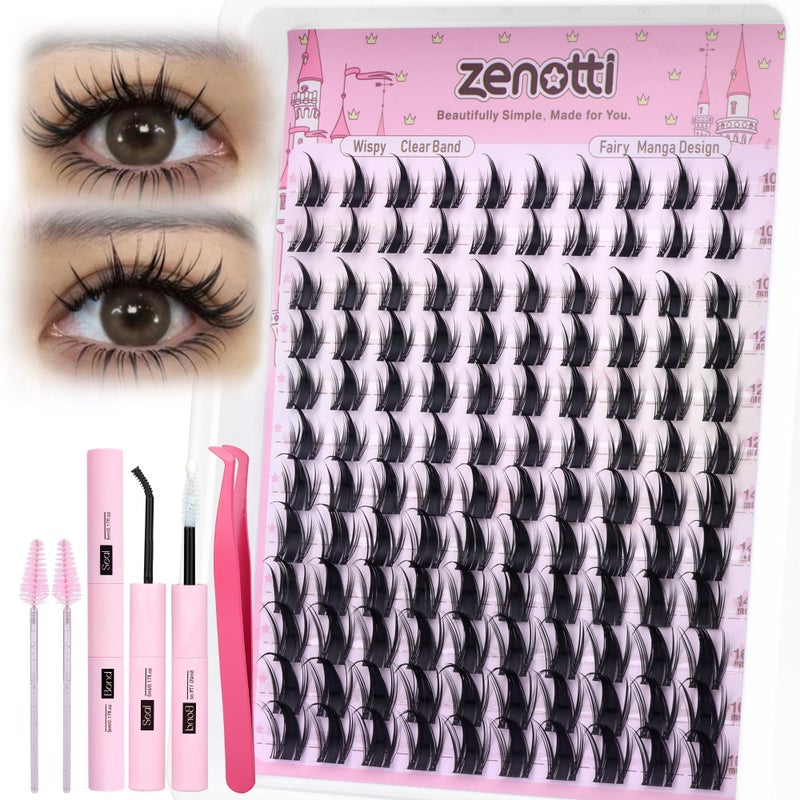 zenotti Manga Lash Clusters Kit Anime Lashes Cluster Kit Natural Wispy Eyelash Clusters Kit Spiky Fairy Individual Lashes Cluster with Spikes Invisible Clear Band DIY at Home 10-16MM by zenotti - Image 2
