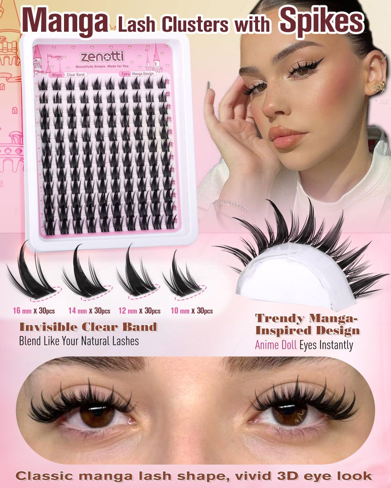 zenotti Manga Lash Clusters Kit Anime Lashes Cluster Kit Natural Wispy Eyelash Clusters Kit Spiky Fairy Individual Lashes Cluster with Spikes Invisible Clear Band DIY at Home 10-16MM by zenotti - Image 5