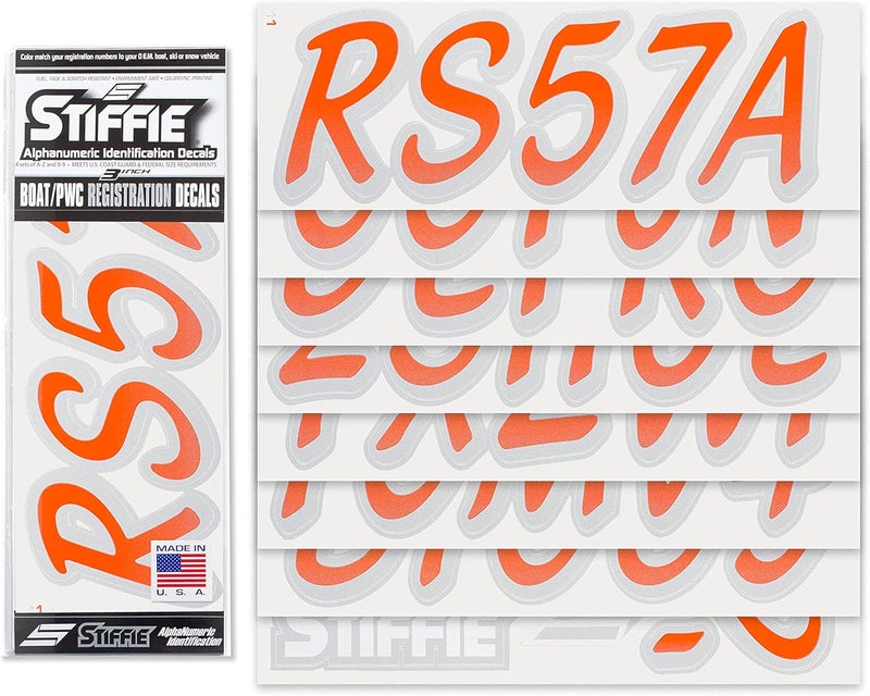 Stiffie Whipline Orange/Silver 3" Boat & PWC Registration Decals • Numbers Letters Stickers - Image 2
