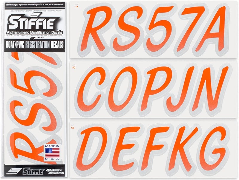 Stiffie Whipline Orange/Silver 3" Boat & PWC Registration Decals • Numbers Letters Stickers - Image 1