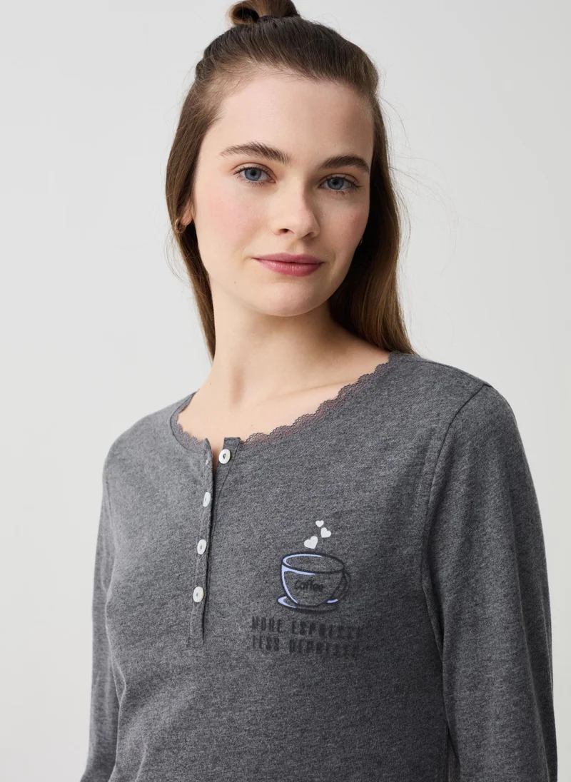 Ovs Pyjamas with coffee print and granddad neckline