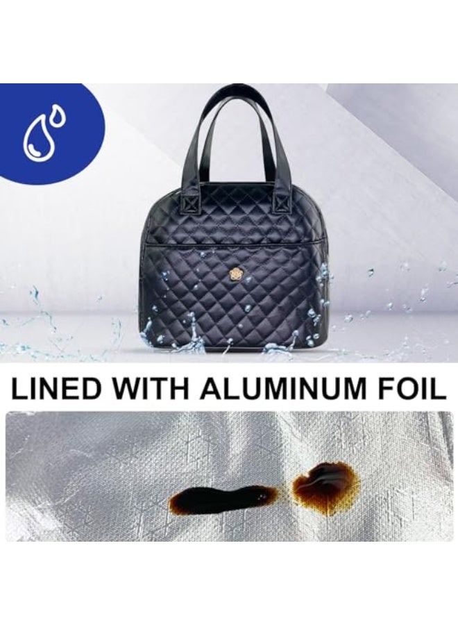 Mziart Mziart Insulated Lunch Bag for Women Men, PU Leather Lunch Tote Bag for Women Aesthetic Lunch Box Bag Thermal Bento Cooler Bag Sack Food Handbags for Work Office Picnic Travel (Black) - Image 4