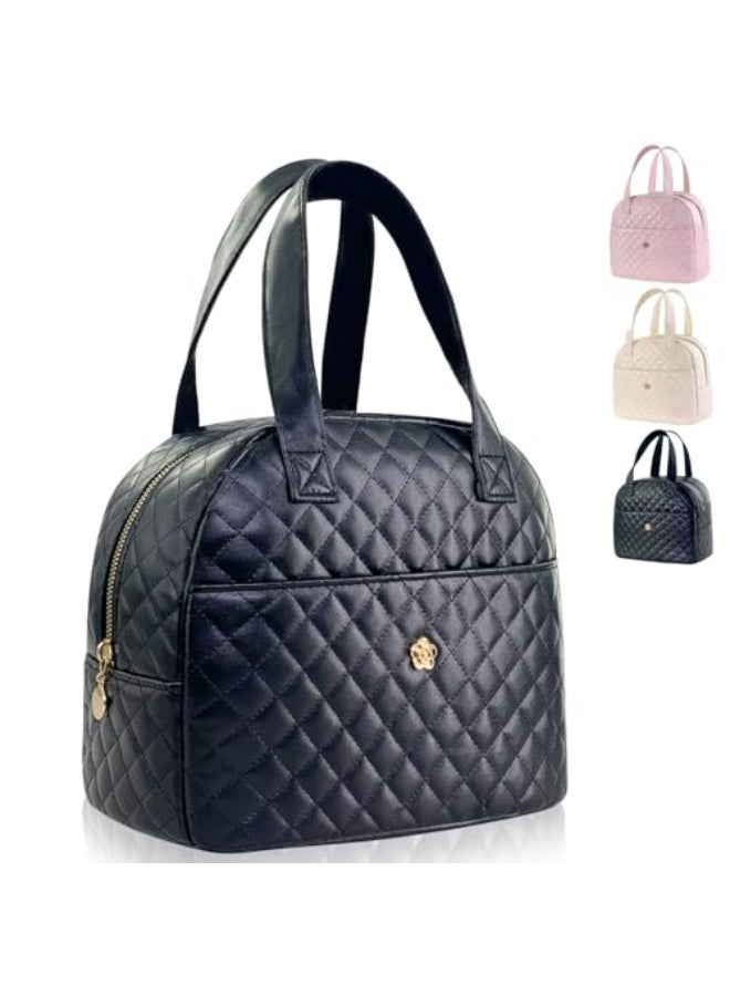 Mziart Mziart Insulated Lunch Bag for Women Men, PU Leather Lunch Tote Bag for Women Aesthetic Lunch Box Bag Thermal Bento Cooler Bag Sack Food Handbags for Work Office Picnic Travel (Black) - Image 1
