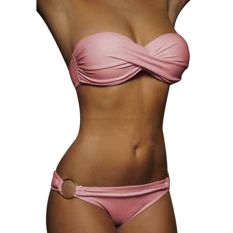 Popular Women'S Split Solid Color Swimsuit Women'S Hard Bag Double Ring Bikini - Image 4