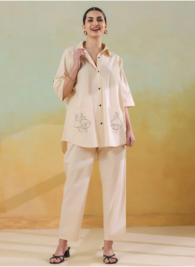 سانسكريتي هومز Sanskrutihomes Embroidered Spread Collar Cotton Shirt with Trousers Set