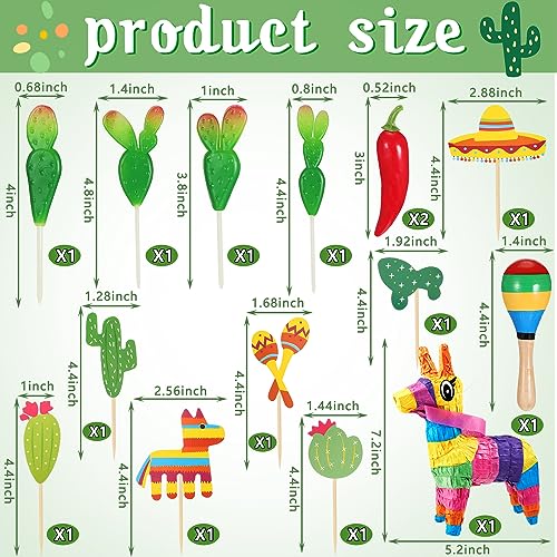 Tinlade 15 Pcs Fiesta Cupcake Topper Mexican Theme Cake Decoration Cactus Piata Cinco De Mayo Taco Party Decorations with Wooden Sand Hammer and Foam Chili Decorations for Rainbow PartyCute Style - Image 5