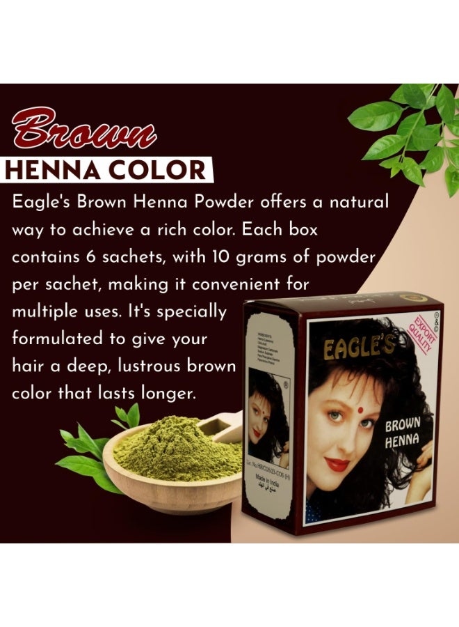 EAGLE'S Brown Henna Powder for Hair, 6 Sachets x 10 gm Each, Natural, Brown Color, Ammonia-Free, Nourishes & Strengthens Hair, Long-Lasting, Salon-Quality Finish, Easy to Use Multi-Pack - Image 3