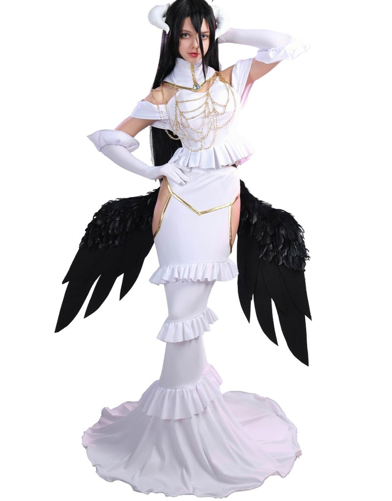 Cosplayfm Womens Anime Costume Dress Outfit with Collar Necklace Gloves Horns for Albedo Cosplay M White
