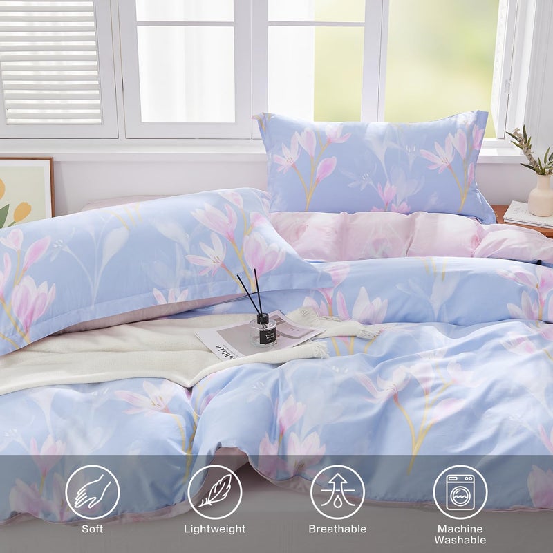 SAPHREAS Pink Orchid Flower Pattern Duvet Cover Set King Size 3pcs Blue Floral Bedding Comforter Cover Set 100% Cotton 1 Duvet Cover 104"x90" 2 Pillow Shams, Comforter Not Included - Image 4