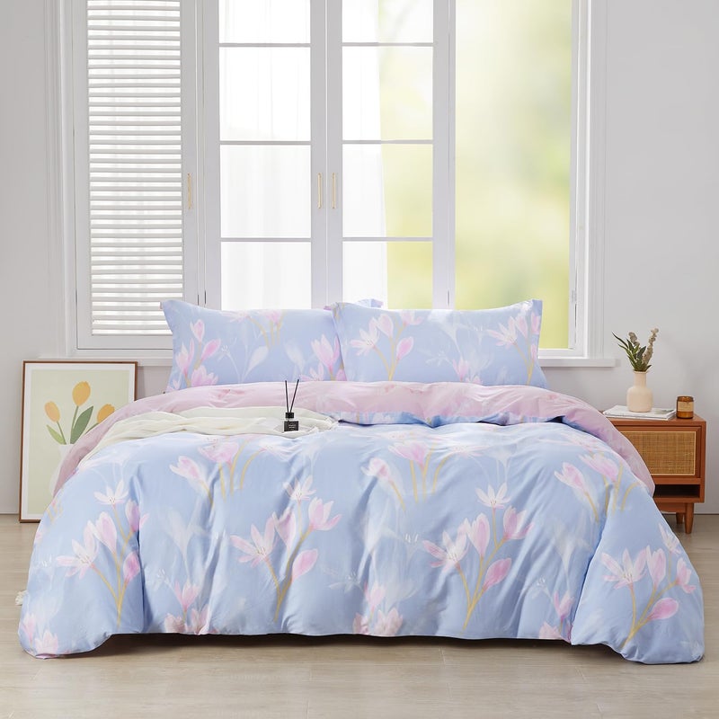 SAPHREAS Pink Orchid Flower Pattern Duvet Cover Set King Size 3pcs Blue Floral Bedding Comforter Cover Set 100% Cotton 1 Duvet Cover 104"x90" 2 Pillow Shams, Comforter Not Included - Image 1