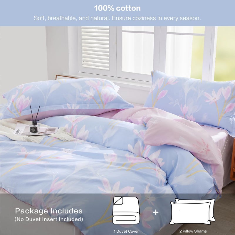 SAPHREAS Pink Orchid Flower Pattern Duvet Cover Set King Size 3pcs Blue Floral Bedding Comforter Cover Set 100% Cotton 1 Duvet Cover 104"x90" 2 Pillow Shams, Comforter Not Included - Image 2