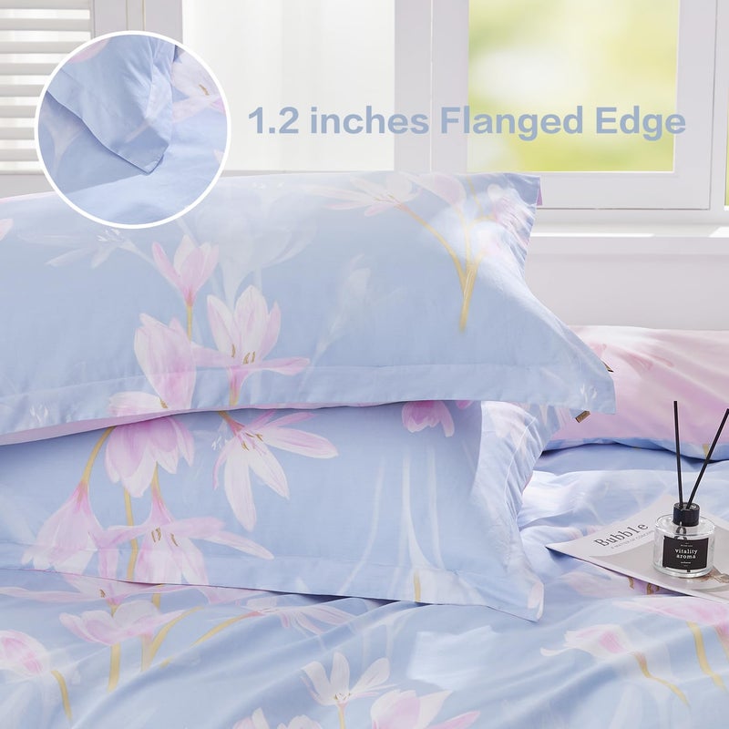 SAPHREAS Pink Orchid Flower Pattern Duvet Cover Set King Size 3pcs Blue Floral Bedding Comforter Cover Set 100% Cotton 1 Duvet Cover 104"x90" 2 Pillow Shams, Comforter Not Included - Image 3