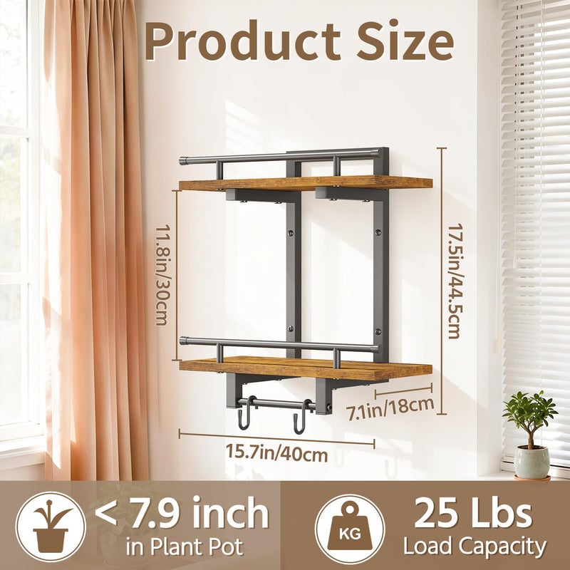LASZOLA 2Pcs Wall Mount Plant Shelves with 4 Hangers for Indoor, Heavy Duty Metal and Wood Window 2 Tier Floating Flower Holders Stand for Kitchen Bathroom, Modern Display Bracket Rack, Rustic Brown - Image 3