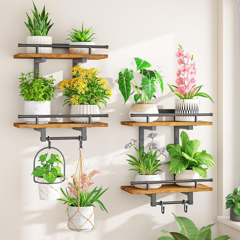 LASZOLA 2Pcs Wall Mount Plant Shelves with 4 Hangers for Indoor, Heavy Duty Metal and Wood Window 2 Tier Floating Flower Holders Stand for Kitchen Bathroom, Modern Display Bracket Rack, Rustic Brown - Image 1